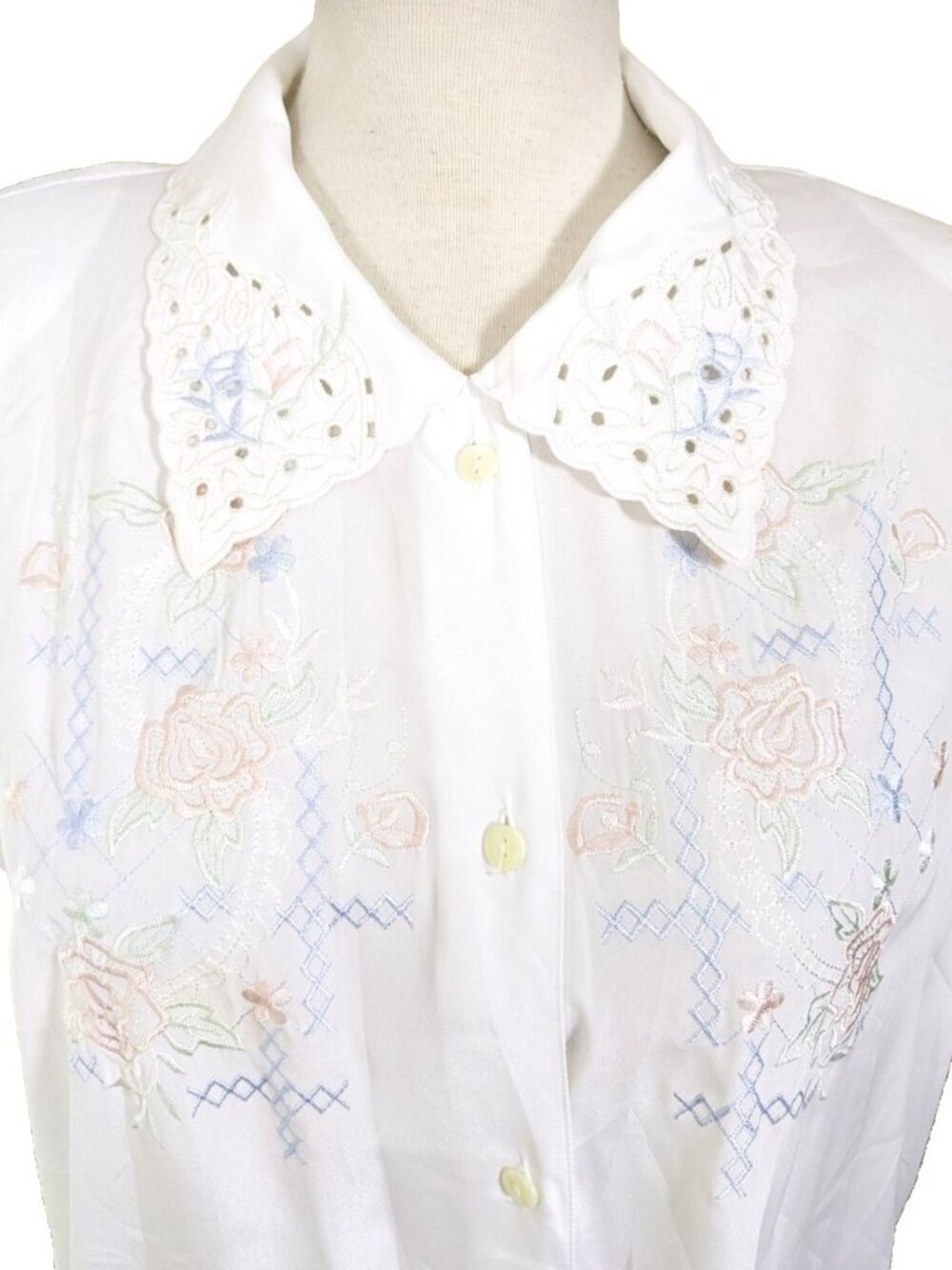 Vintage 80s Embroidered Blouse Womens 18 White Prairie Cottagecore Button Up Top